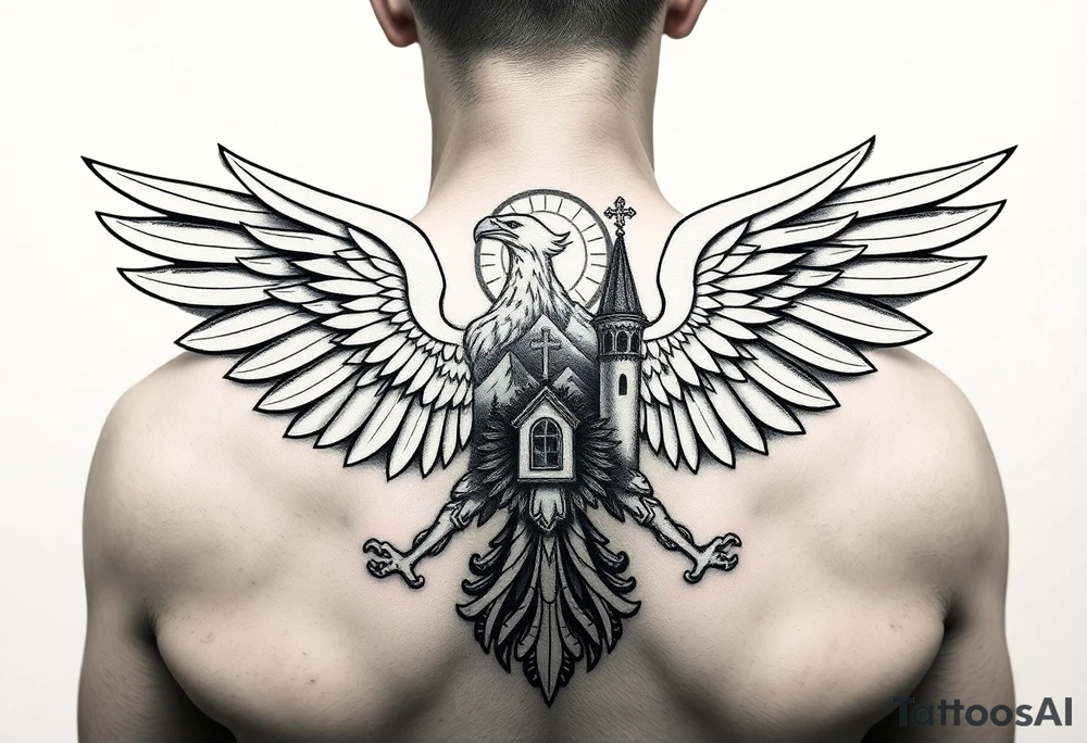 an actual russian coat of arms with the eagles wings spanning out on my back neck across my shoulders / traps with a orthodox christian church being visible in a mountainous sun beaming setting, with the russian orthodox cross spire of the orthodox church being visible on my neck with a sun beaming in the background that the cross sits inside tattoo idea