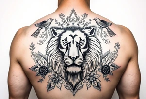 powerful majestic lion with a crown, surrounded by floral ornaments and birds tattoo idea