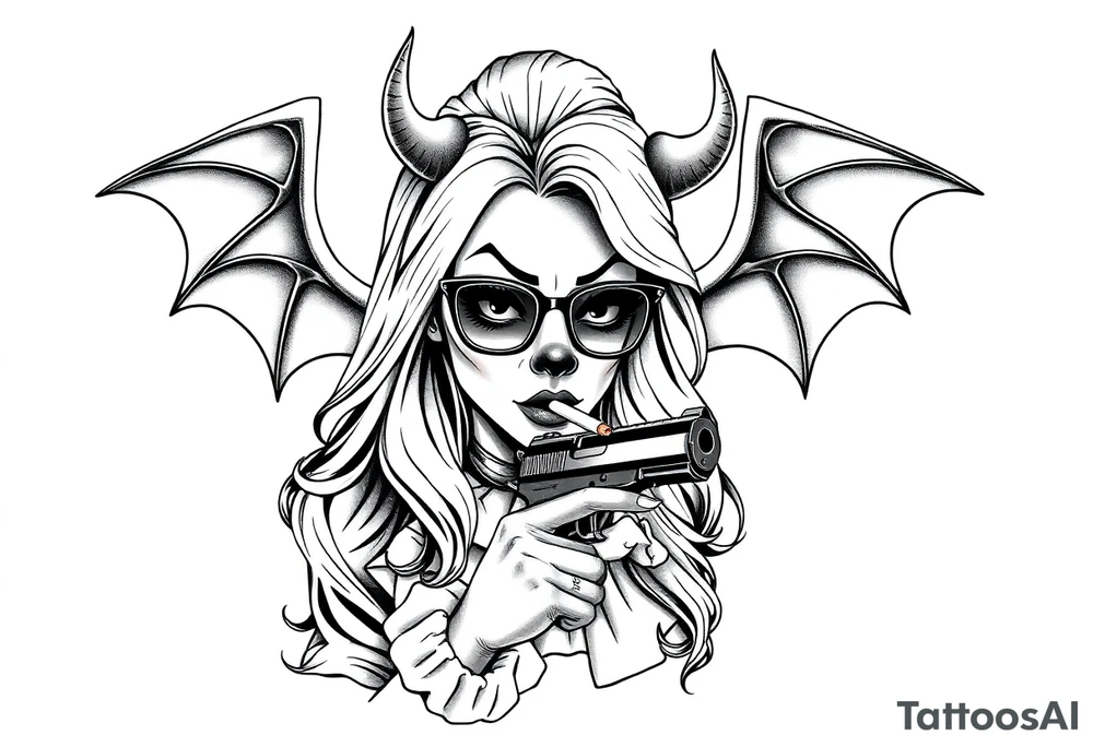 beautiful long hair Clown Girl thug eyeglasses devil wings smoking a cigarette holding a gun tattoo idea