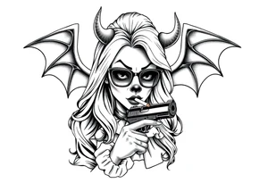 beautiful long hair Clown Girl thug eyeglasses devil wings smoking a cigarette holding a gun tattoo idea