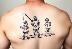 Dad fishing with 3 kids 
1Daughter and 2 sons tattoo idea
