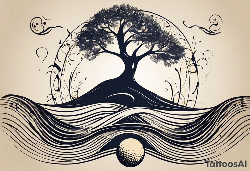 A tattoo design that incorporates the following elements: an abstract tree of life that has roots emerging  from the ground. Waves of water wrap around the tree in a non symmetrical design.  Incorporate musical notes into the tree. the letters U and A are overlapping and engraved into the tree. incorporate a golf ball or golf course symbols like a flag but not prominent. tattoo idea