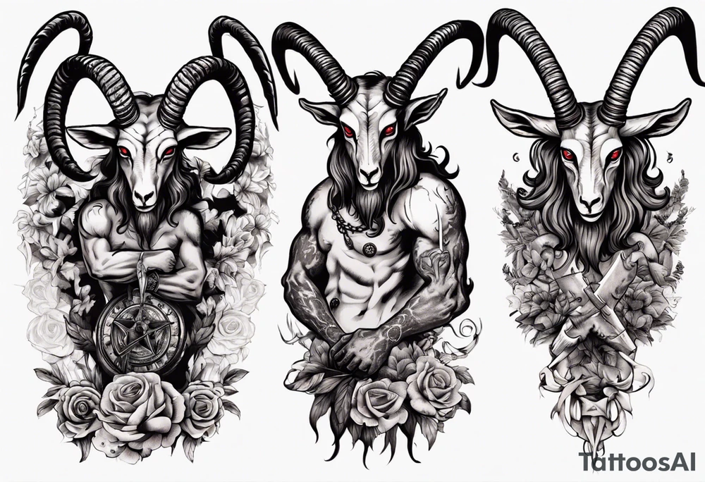 Baphomet full sleeve high contrast human like goat friendly but strong no flowers tattoo idea