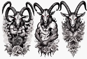 Baphomet full sleeve high contrast human like goat friendly but strong no flowers tattoo idea