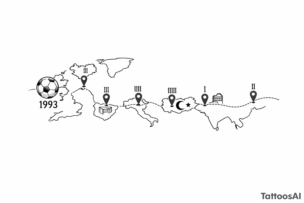 A football journey no crests stars each country on how many times ive played there
A fine-line world map or stylized route connecting Iceland ➔ Italy ➔ Spain ➔ Turkey ➔ Hungary ➔ France, with minimalist markers for each club.
Starting in uk 1993 realist tattoo idea