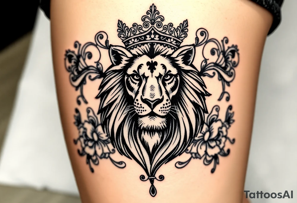 majestic lion wearing ornate crown, surrounded by baroque flourishes tattoo idea
