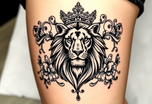 majestic lion wearing ornate crown, surrounded by baroque flourishes tattoo idea