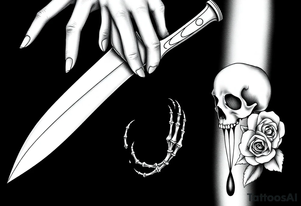 en el caos encontré mi forma favorita 
de amarte somos veneno y promesa.  Add around 

Woman’s hand reaching down grabbing blade handle, skeleton head on right under blade, rise on right under blade, blood dry from tip of blade, skeleton hand reaching for Blade tip. Just the hand and place above blade handle reaching for handle. Skull and rose underneath blade. Just the skeleton hand reaching for tip of knife which is dripping blood. tattoo idea