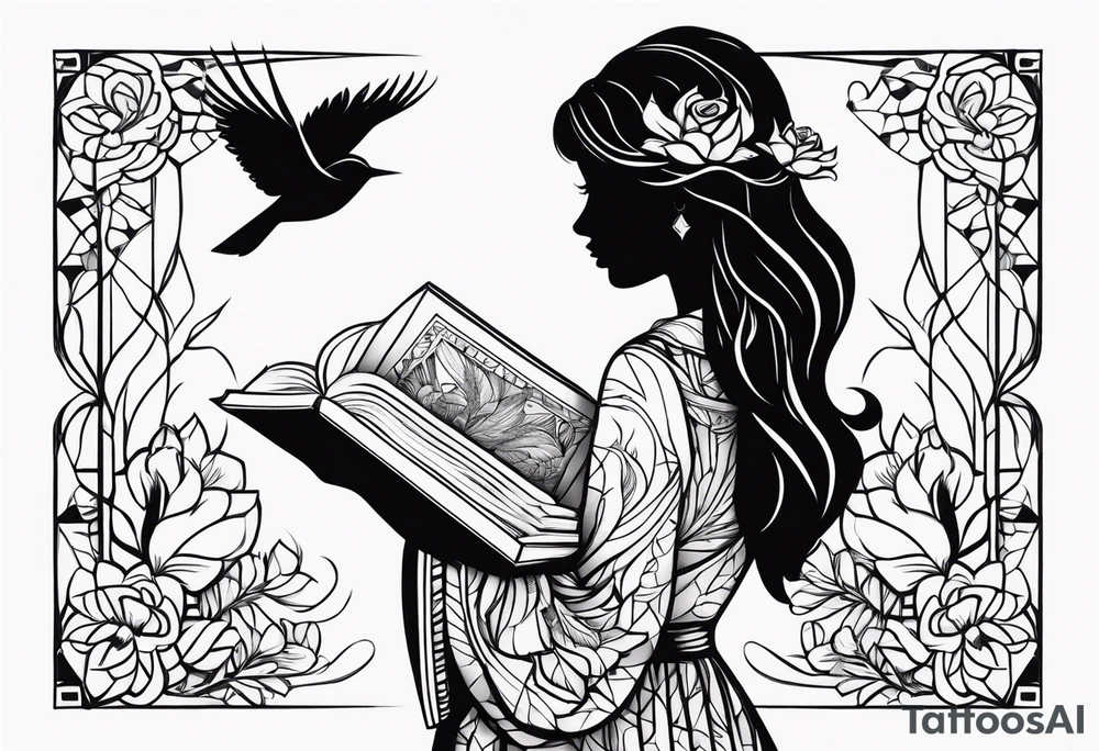 Silhouette of a woman holding a book and birds tattoo idea