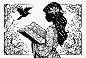 Silhouette of a woman holding a book and birds tattoo idea