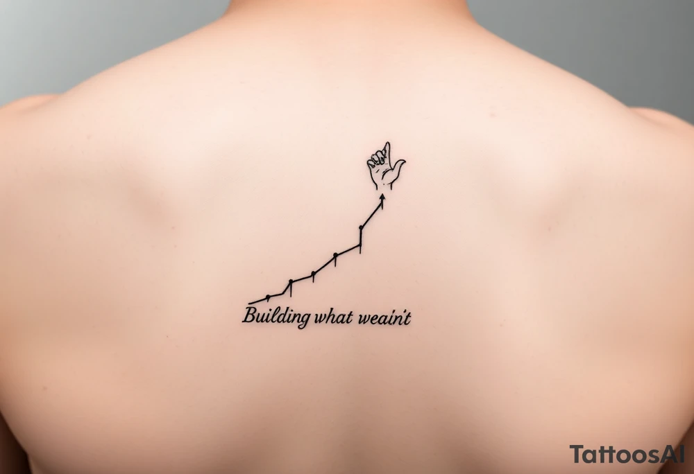 Minimalist black-ink forearm tattoo symbolizing father’s guidance and continuing legacy. Design: ascending abstract line representing the son’s path, with small upward particle lines along it. At the top, a minimal abstract hand of the father reaching down over the path, subtly guiding and cheering. Include Roman numerals VI·IV·MMXXIII along the line and optional text “Building what he couldn’t”. Fine-line, minimal, vertical composition, black ink only, meaningful and elegant. tattoo idea