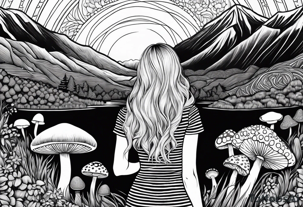 Straight blonde hair girl holding mushrooms in hand facing away toward mountains surrounded by mushrooms mandala circular design black and white striped dress tattoo idea