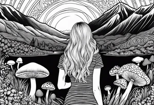 Straight blonde hair girl holding mushrooms in hand facing away toward mountains surrounded by mushrooms mandala circular design black and white striped dress tattoo idea