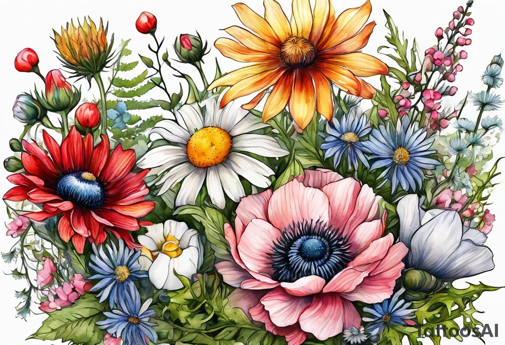 wildflowers cascading with thistles, ferns, white anemones, sun flowers, buttercups, pink flowers, red flowers, babys breath and daisies all in watercolor tattoo idea