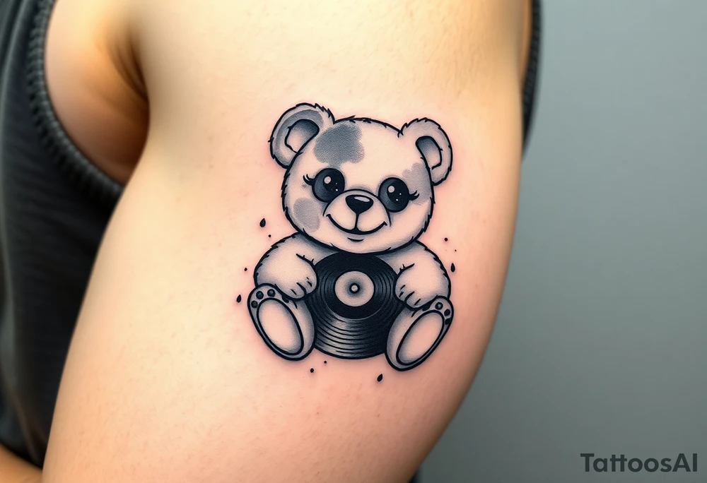 minimalist teddy bear with vinyl records as eyes smiling and sitting on a record tattoo idea