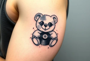 minimalist teddy bear with vinyl records as eyes smiling and sitting on a record tattoo idea