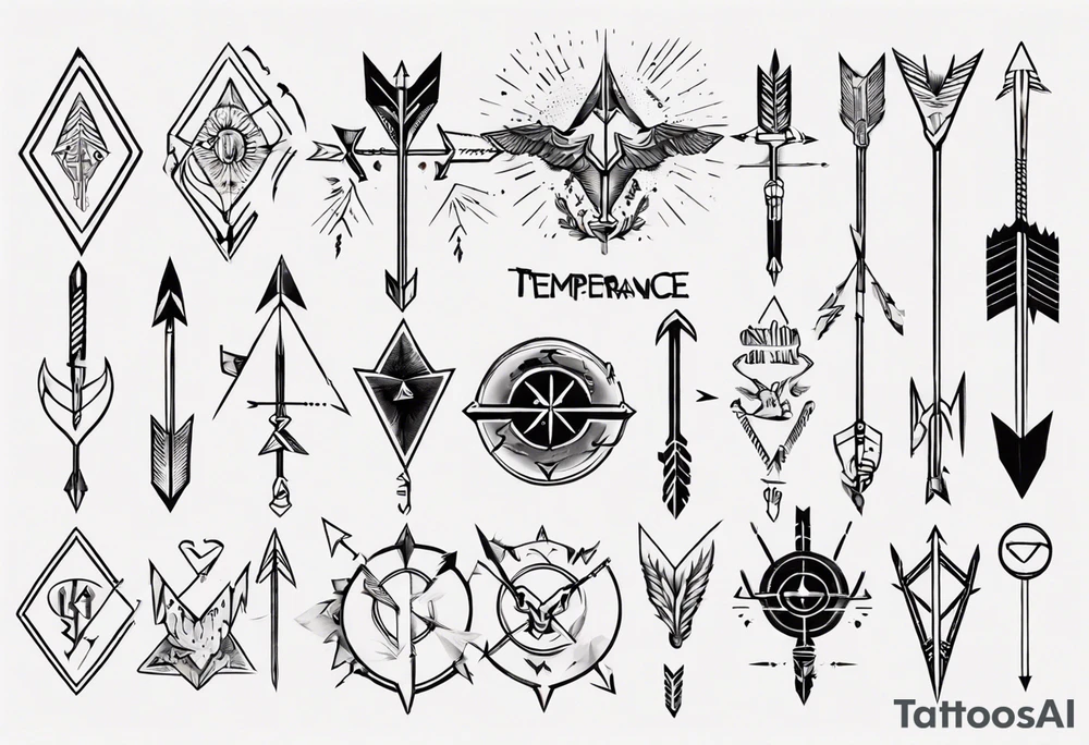 Arrow including symbols for temperance wisdom courage justice tattoo idea