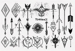 Arrow including symbols for temperance wisdom courage justice tattoo idea