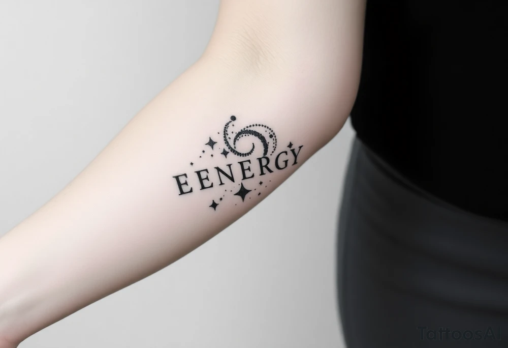 A minimalist blackwork dotwork tattoo featuring the word ‘ENERGY’ on the left arm, balancing with ‘DIVINE’ on the right. Surrounding ‘ENERGY’ is a swirling nebula, stardust, or a comet, designed with intricate dot shading and fine linework. The tattoo is realistic yet subtle, creating a cosmic, ethereal feel while keeping a clean, minimalist aesthetic. The elements flow naturally, complementing the shape of the arm without overpowering the text. tattoo idea