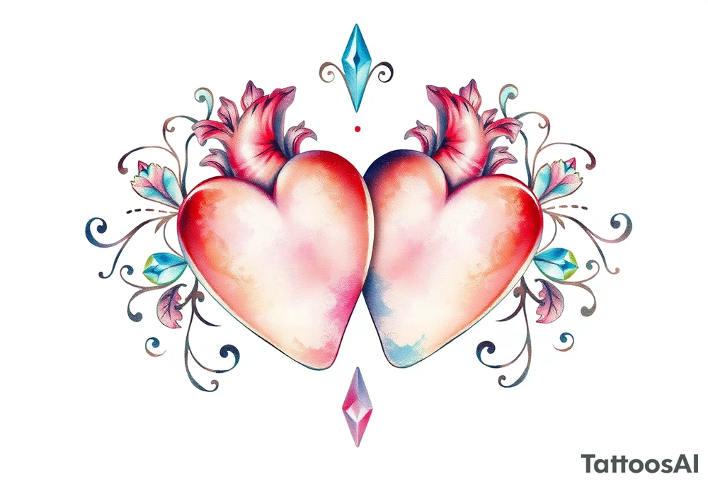 Two hearts surrounded by filigree and crystal or gem accents tattoo idea