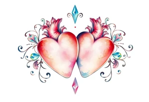 Two hearts surrounded by filigree and crystal or gem accents tattoo idea