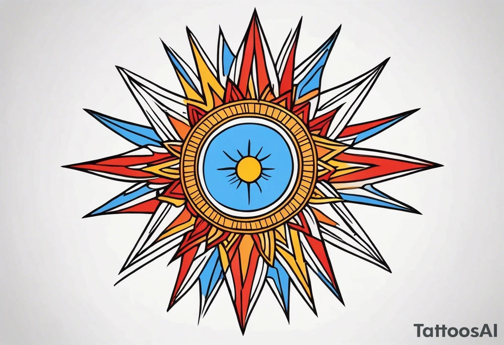 a simple red, blue, orange, and yellow sun tattoo idea
