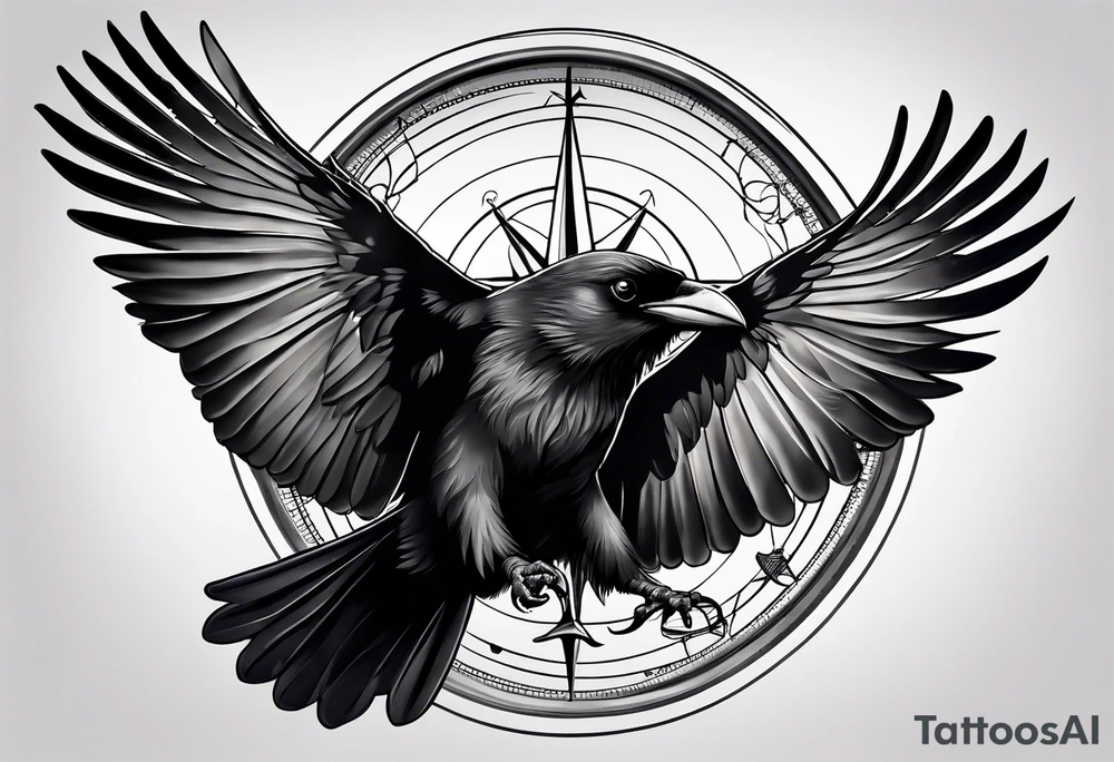 flying crow with compass tattoo idea