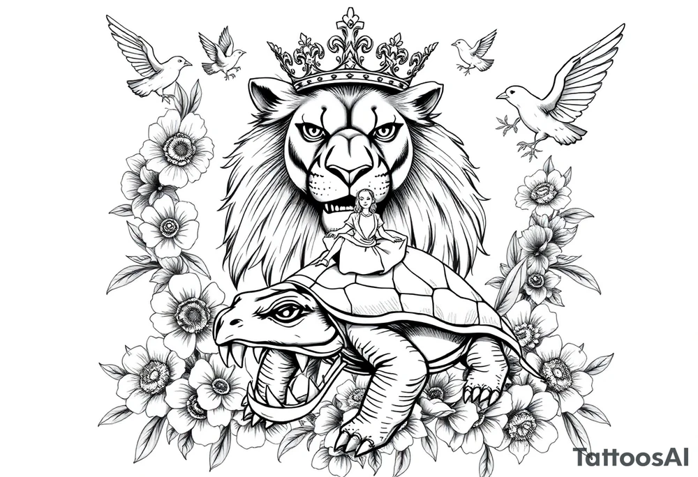 powerful majestic lion with a crown, surrounded by floral ornaments and birds an angry turtle with huge teeth and a tiny hobbit like person riding on the back tattoo idea