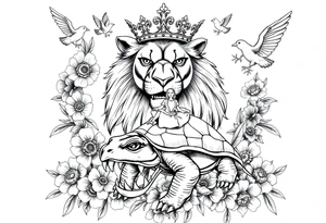 powerful majestic lion with a crown, surrounded by floral ornaments and birds an angry turtle with huge teeth and a tiny hobbit like person riding on the back tattoo idea