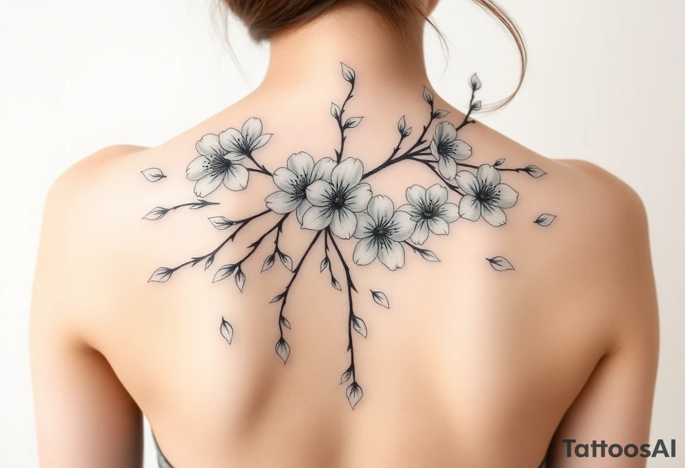 delicate cherry blossoms swirling in spring breeze with petals tattoo idea