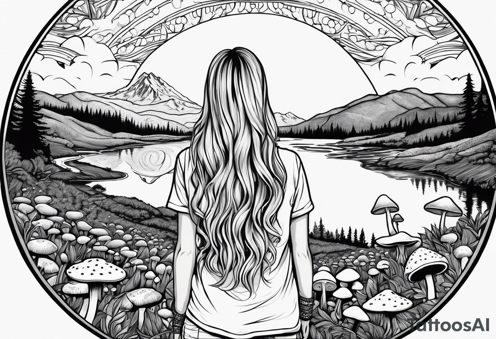 Straight long blonde hair hippie girl in distance holding mushrooms in hand facing away toward mountains and creek surrounded by mushrooms tee shirt and hiking pants tattoo idea
