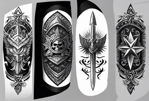 complete upper arm sleeve. Feature three mountain side by side, with 3 stars above them crossed sword patterns that evoke the Valkyrie spirit. Keep the design in clean, simple lines. tattoo idea