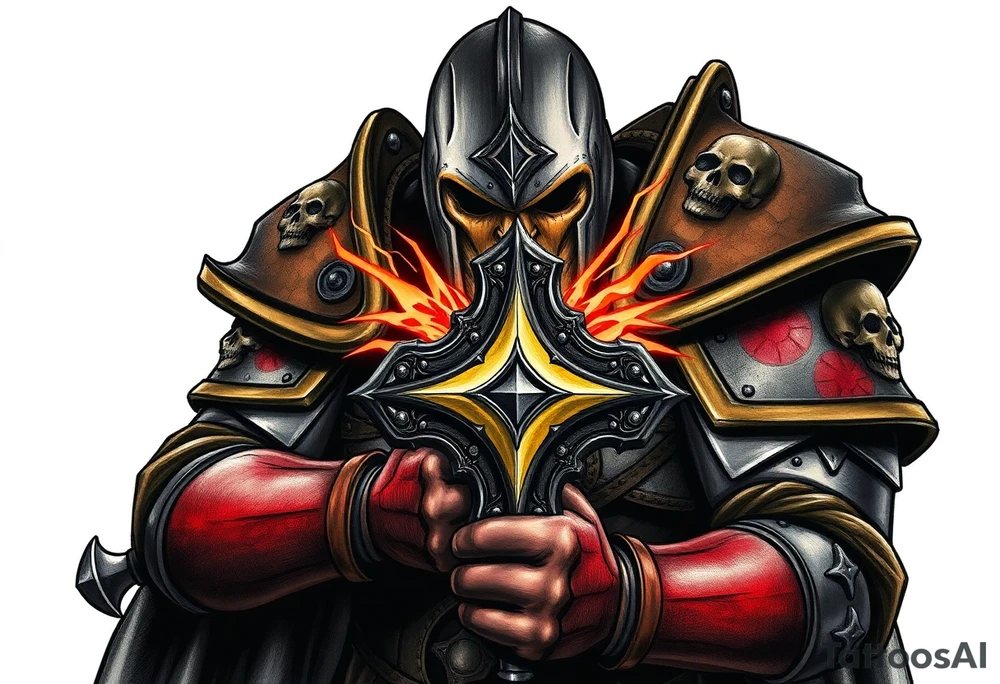 Warhammer, the Old World. A warrior priest of Sigmar holding The Warhammer of Sigmar. The Warhammer of Sigmar is radiating thunderous energy. The Warhammer is held by the warrior priest with both hands upon his chest level. The Warrior priest is wearing dark alloyed heavy armour with skull sigils on his shoulder pads. The warrior priest is wearing a fully head covered helmet, while the helmets front visor has an humanoid face covering. The helmet and armour are galdened with hints of gold and crimson red. tattoo idea