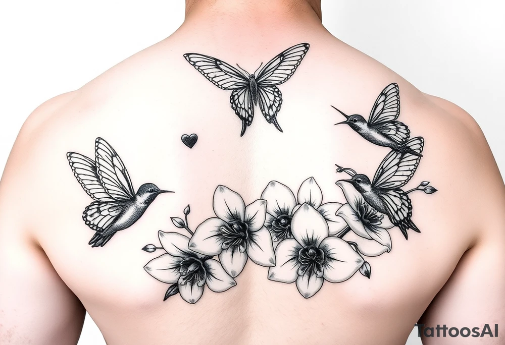 Butterflies and hummingbirds flying over orchids tattoo idea