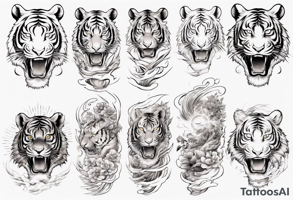 Tiger cub sleeve tattoo with lightning and the sun
Forearm sleeve tattoo idea
