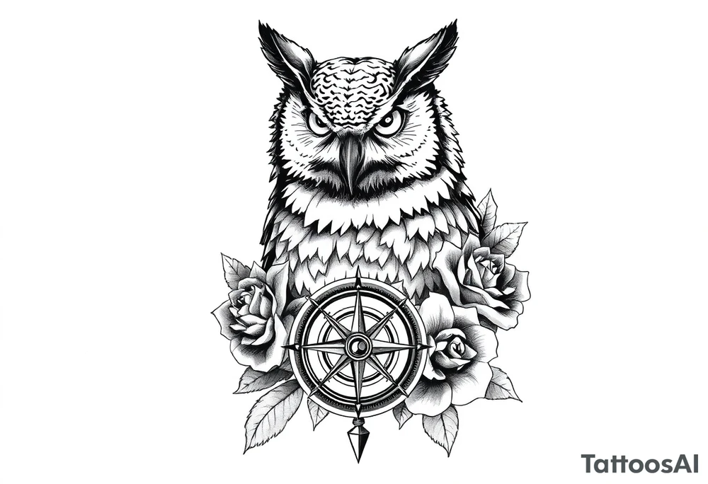 an owl,compass,roses, tattoo idea