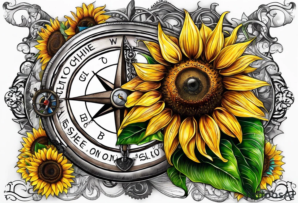 Sunflower and a compass, with the words "To Thine Own Self Be True" tattoo idea