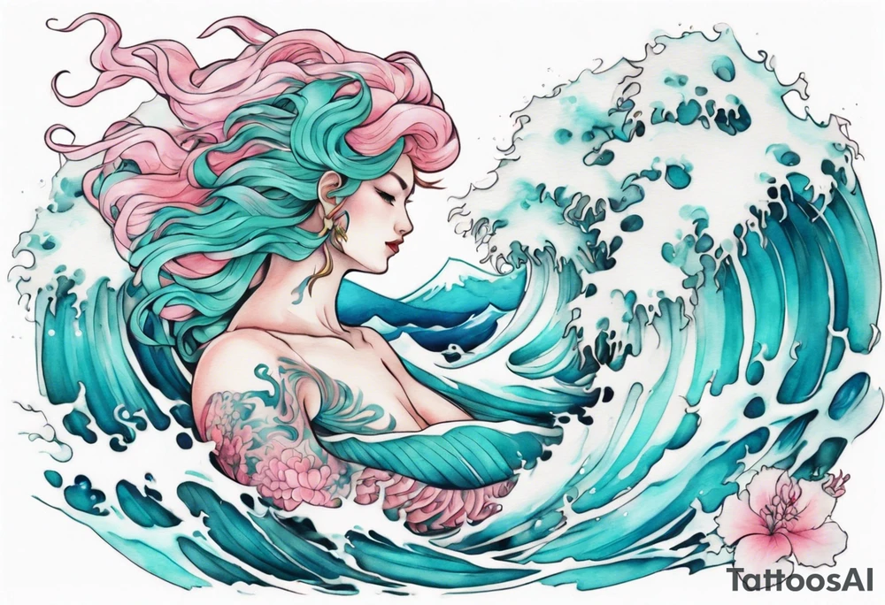 a beautiful turquoise pink and white sea  Drakaina rising from the waves of the ocean tattoo idea