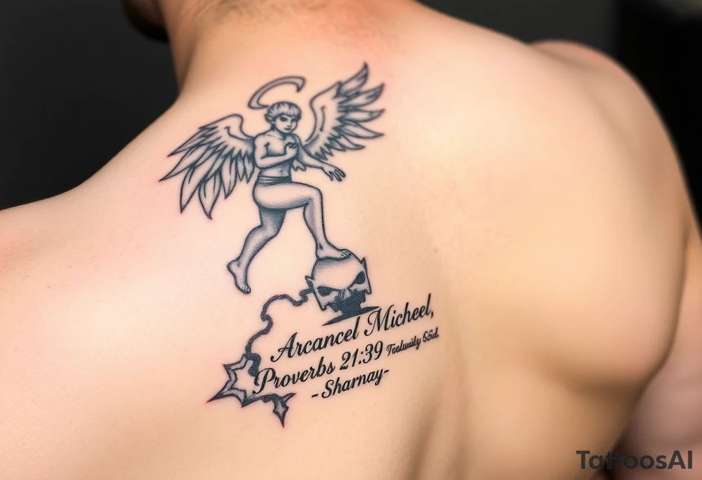 i want to fill my whole forearm so a full half sleeve can you generate archangel micheal stepping on the devils head like defeating him and then can you put  proverbs 21:39 below and put my moms name “Sharnay” with her eyes and fill wtv you want in with the rest just match the theme put it on the forearm tattoo idea