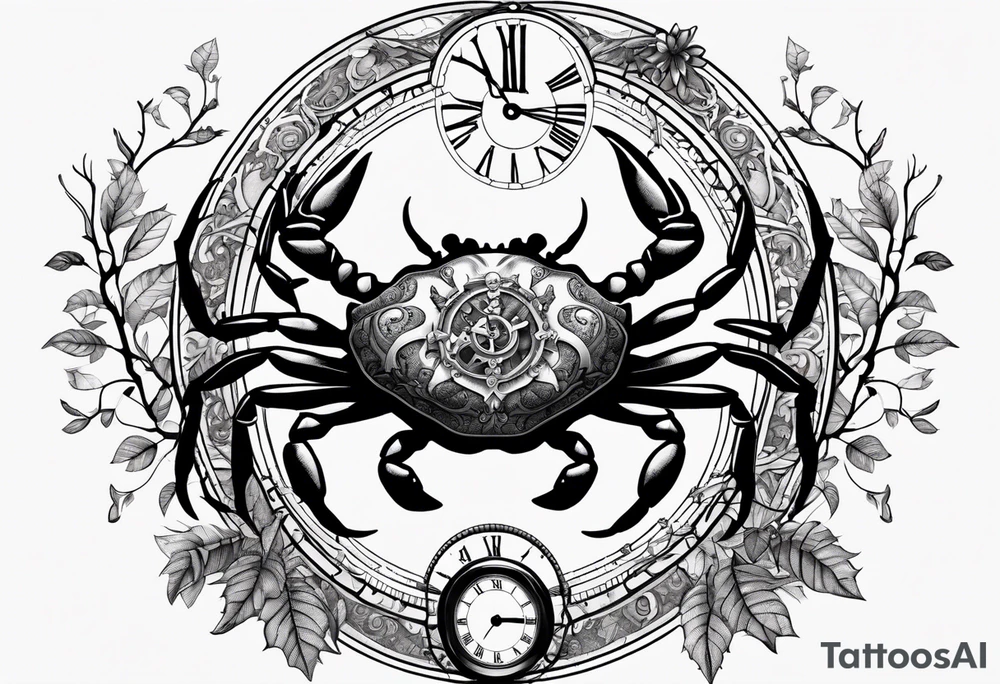 Zodiac crab with clock inside tree of life tattoo idea