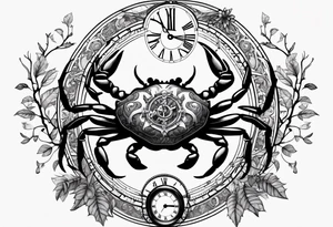 Zodiac crab with clock inside tree of life tattoo idea