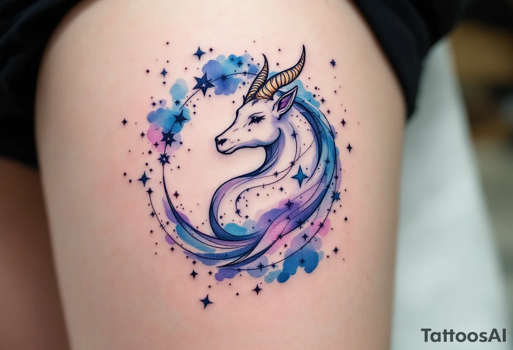 A watercolor Capricorn star constellation flows in soft blues and purples, wrapping around a minimal Capricorn. tattoo idea
