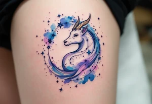 A watercolor Capricorn star constellation flows in soft blues and purples, wrapping around a minimal Capricorn. tattoo idea