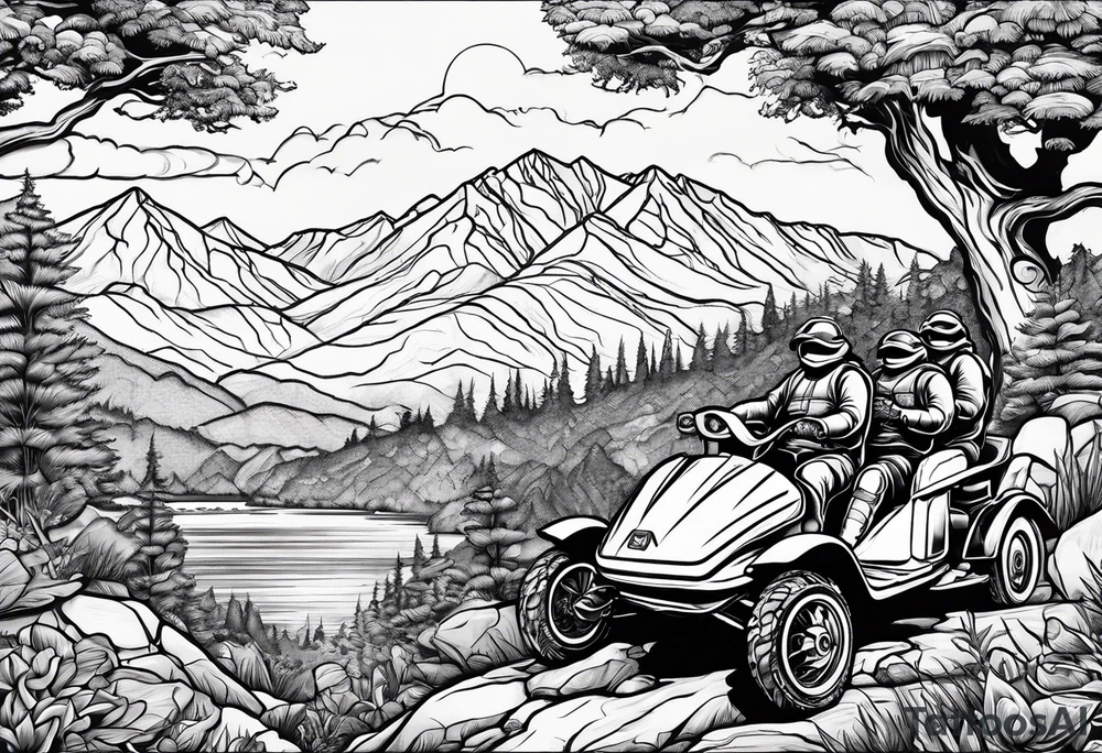 Wasatch Mountain scape, Honda three wheeler and four turtles watching from the path tattoo idea