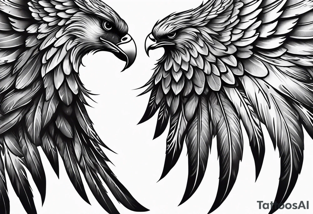 Dark feathered angel wing that encompasses left side of back aswell as top half of left arm and shoulder tattoo idea