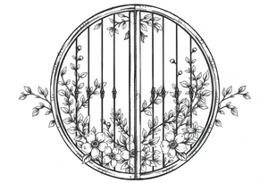 rounded gate filled with a floral pattern containing symbols and icons for christmas, winter, mistletoe, oklive branches tattoo idea