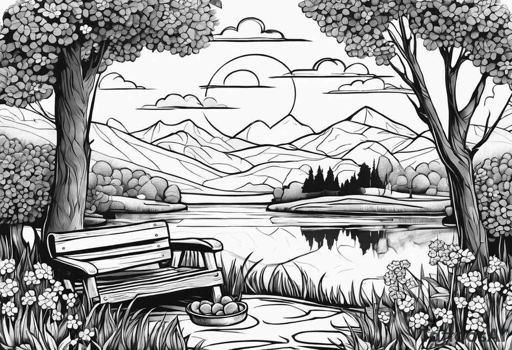 picnic scene in nature by a lake with bushes, tress and flowers, with a shecker blanket, a picnic basket, pillows and a sun in the sky tattoo idea