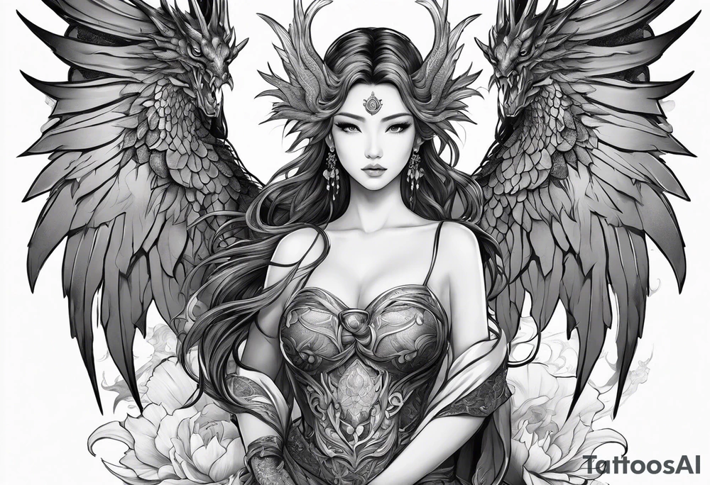 beautiful warrior nymph with wings and a dragon friend tattoo idea