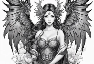 beautiful warrior nymph with wings and a dragon friend tattoo idea