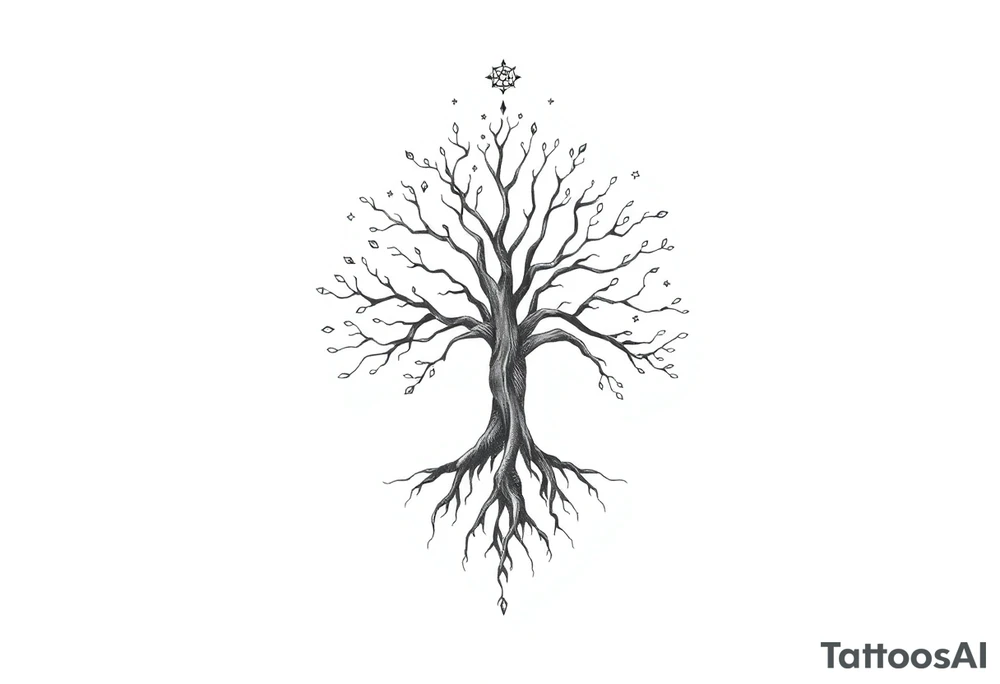 mystical tree of life with cosmic roots and celestial branches tattoo idea